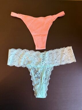 Knotty Knickers  Coral Ribbed Thong & Mint Lace Thong Set